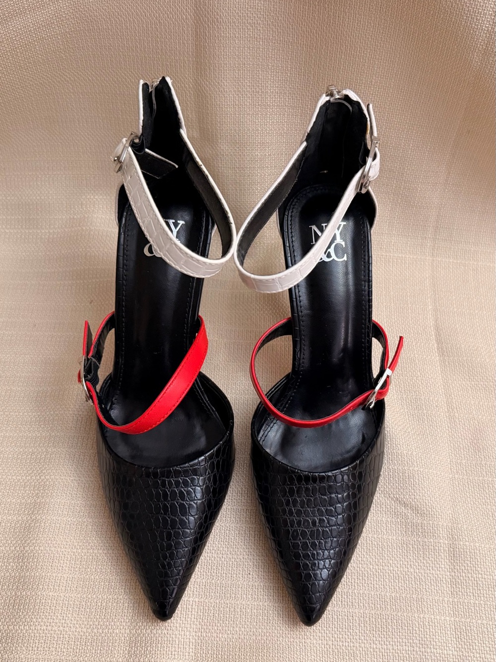 New York & Company Black Pointed Pump with White Ankle and Red Mid Strap - Picture 6 of 8